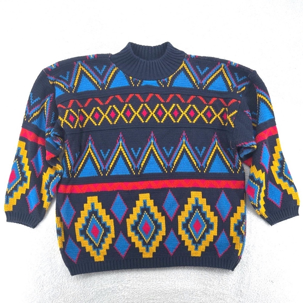 Jordache Vintage 80's 90's Women Sweater Blue Geometric Colorful Knit Pullover